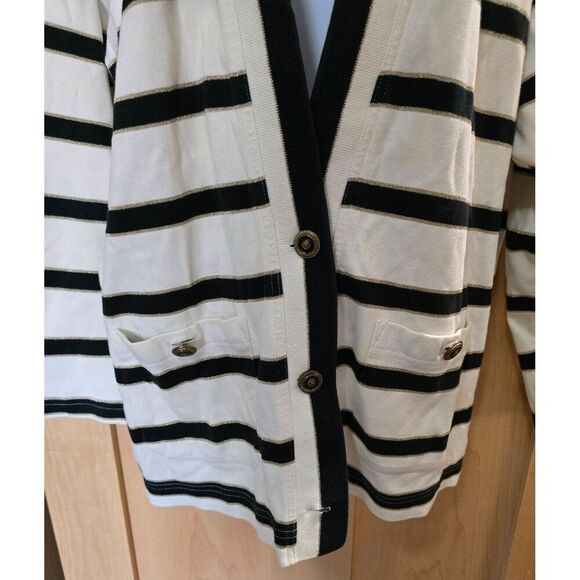 Striped Black & White Cardigan Sweater With Front Pockets Large Georgio Cotton - Picture 3 of 9